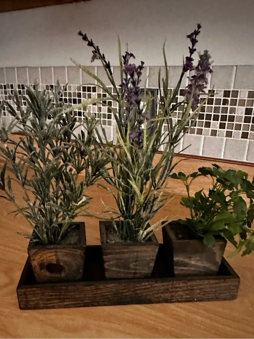 Rustic Wood Tray with Three Potted Green and Purple Faux Plants